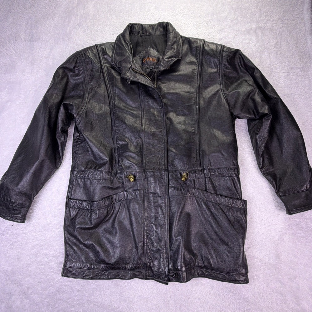 G4000 Women's Medium Black Leather Motorcycle Full Zip Jacket Pockets‎ Lined